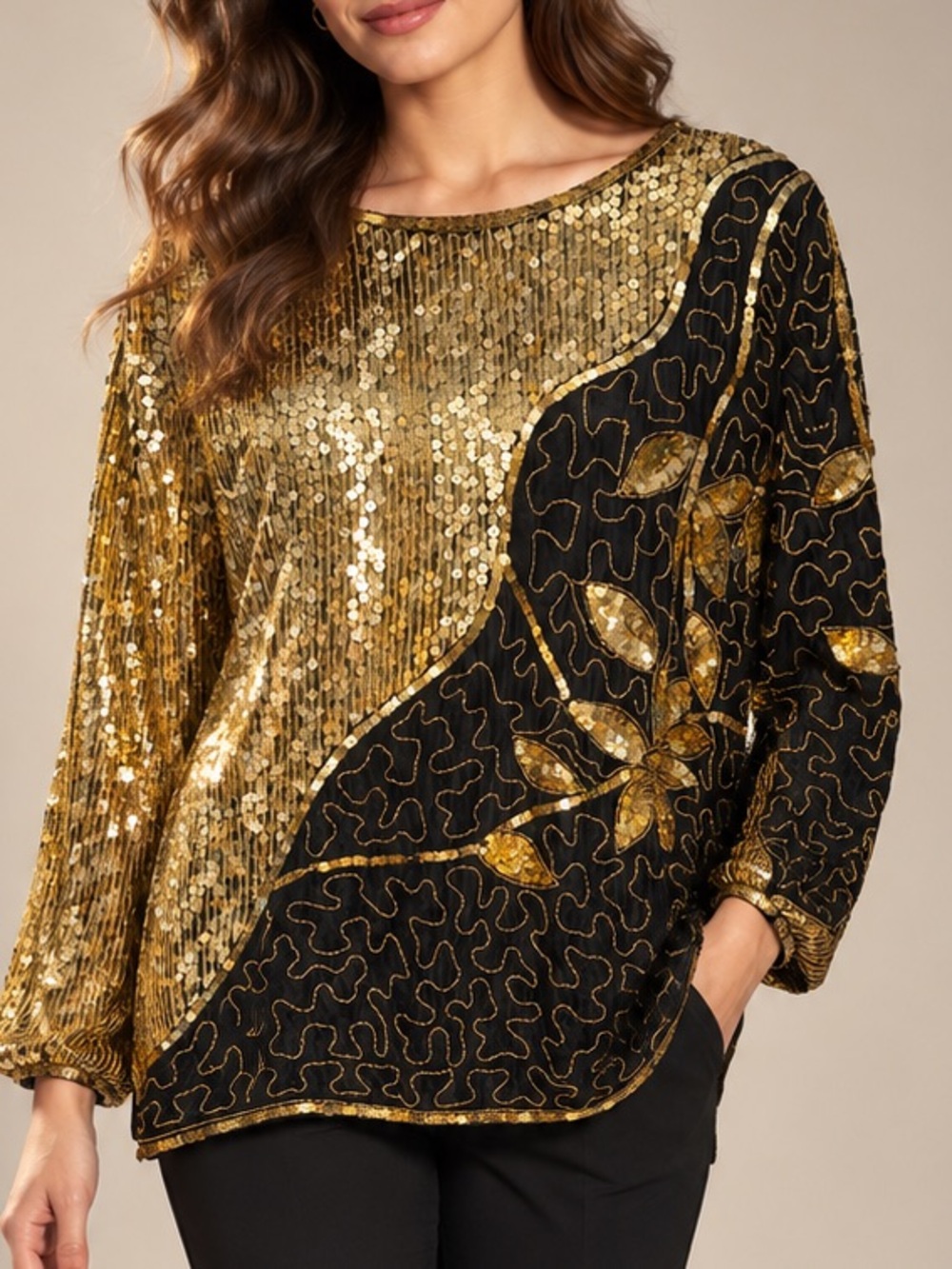 VINTAGE 1980 Swee Lo Gold and Black Sequin Floral Evening Blouse